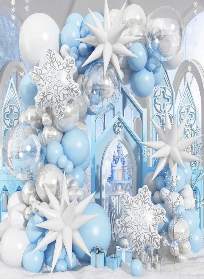 Froova Blue White Christmas Balloon Arch Garland Kit 115Pcs Light Blue Pearl White and Transparent Xmas Balloons, White Snowflake Explosion Star Balloon for Winter Wonderland Holiday Christmas Decor - Image 1